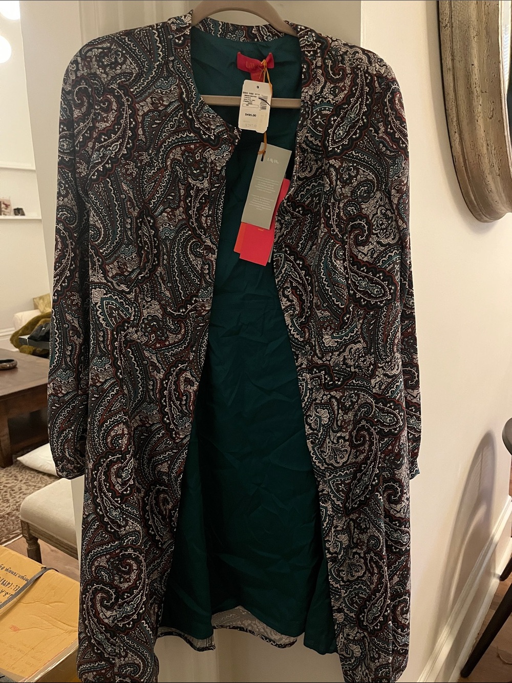 LAVIA Paisley Open-Front Jacket with Teal Lining 44